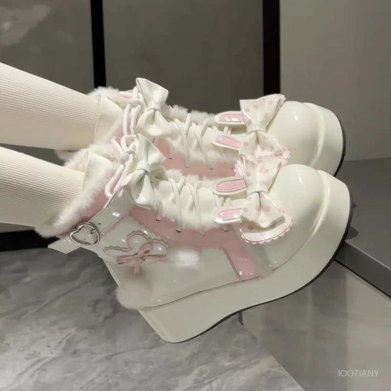 Doce lolita estilo botas de neve de inverno cosplay estudante feminino bonito pelúcia quente bolinhas coelho orelha velo-forrado sapatos plataforma 2026
