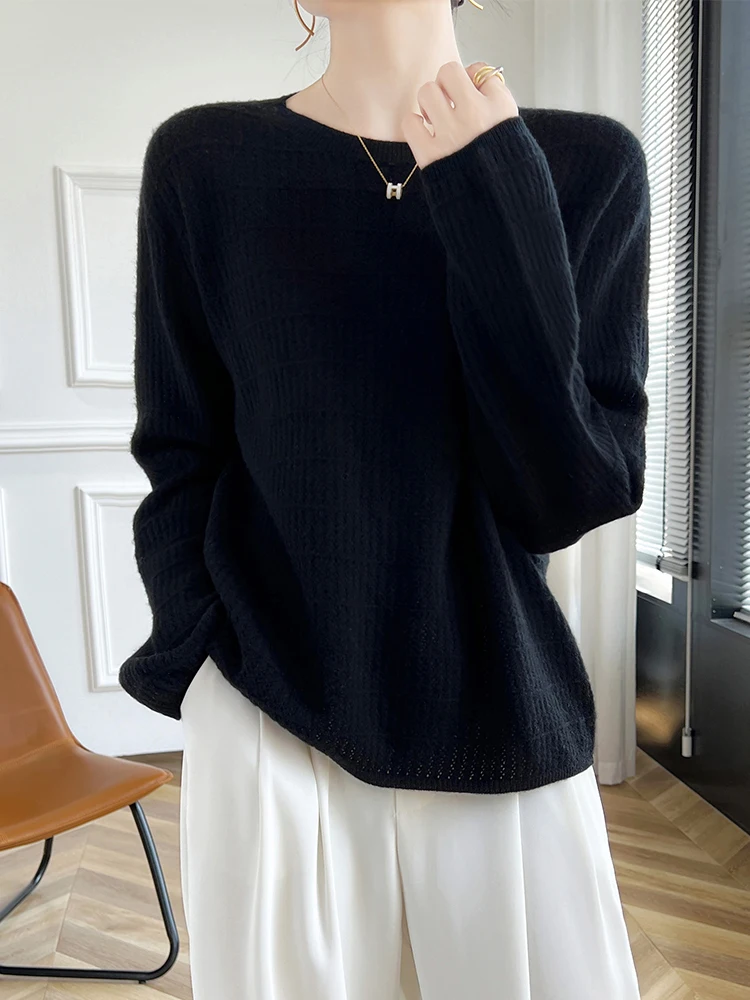 

Autumn Winter 100% Merino Wool Knitwear Women Sweater Long Sleeved O-Neck Lattice Solid Color Cashmere Pullover Soft Casual Top