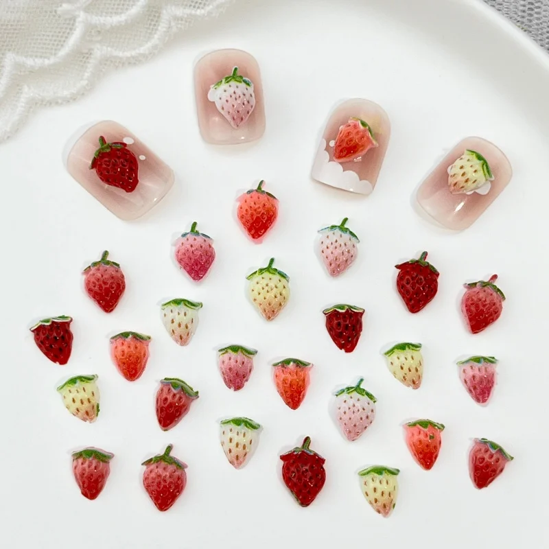 50pcs Cream Strawberry Nail Art Decorations Mini Food Fruit Resin Charms for DIY Press On Nails Manicure Accessories Supplies