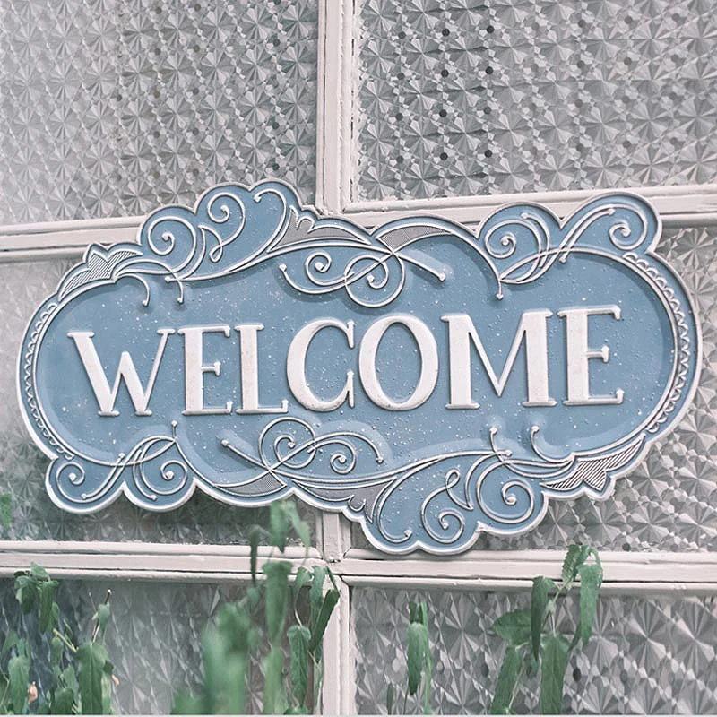 

Ironwork Doorplate European Letters Retro Welcome Sign Blue Hanging Decoration Entrance Decoration Garden Wall Decoration
