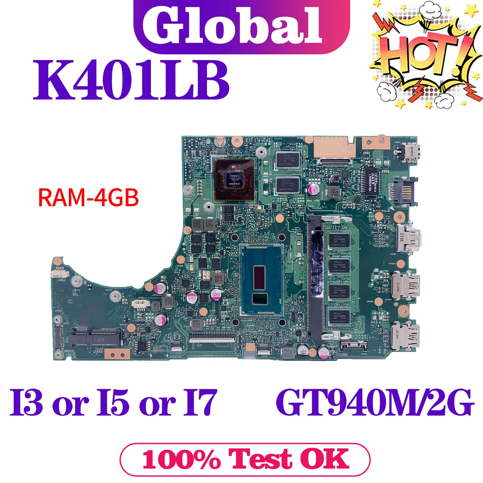 

KEFU K401L Mainboard For ASUS K401 K401LB V401LB A401LB Laptop Motherboard I3 I5 I7 5th Gen GT940M/2G 4GB/RAM