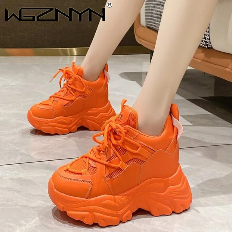 

Autumn Orange Platform Sneakers Thick Sole Wedge Heels Women Casual Shoes Lace-up Slip On 2024 Ladies Height Increasing Shoes