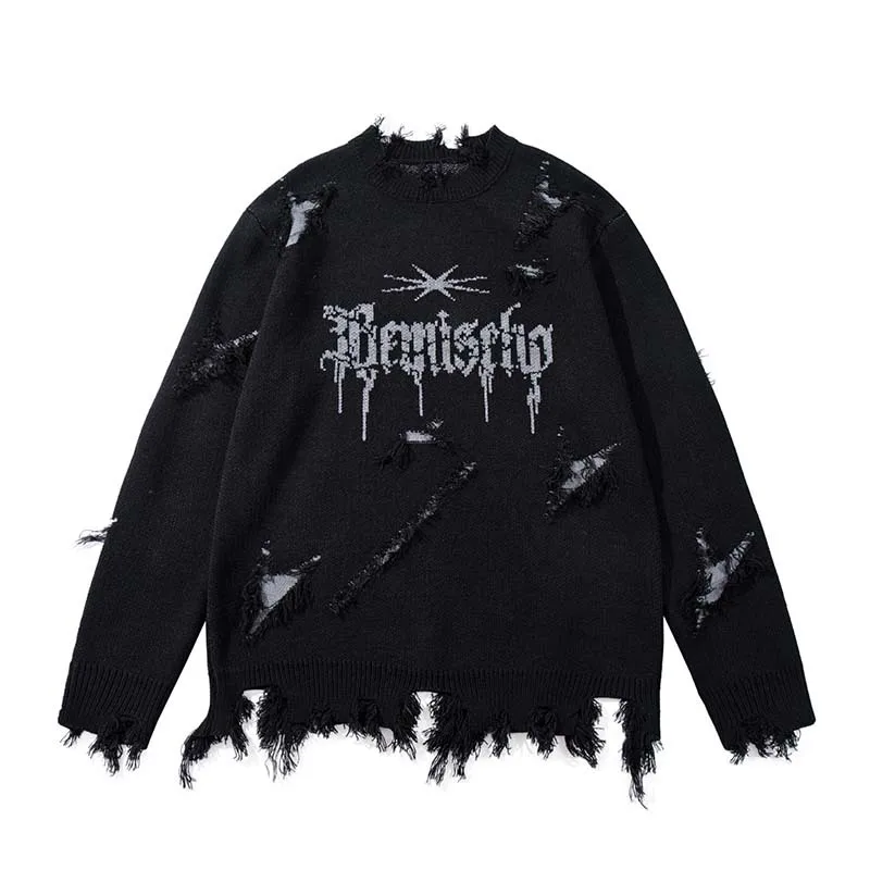 

Men's High Street Ripped Sweater Fashion Streetwear Destroyed Knitted Jumper Loose Fit Hip Hop Knitwear Pullover Tops With Holes