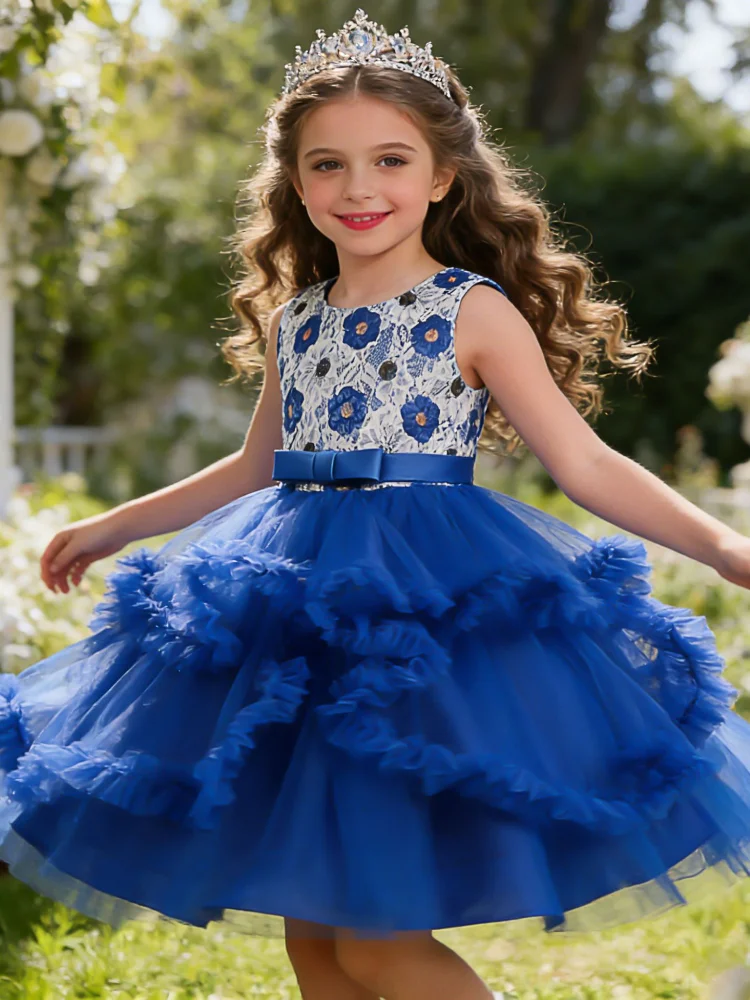

2026 Girls' Princess Dress Sleeveless Floral Lace Top Ruffle Tiered Tulle Skirt Kids Pageant Birthday Party Performance Costume