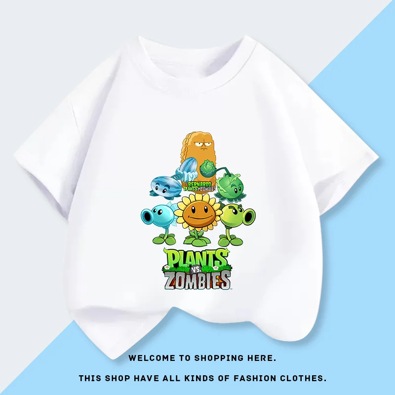 Summer New Plants Vs. Zombies Pea Shooter Boys' Short-sleeved Cotton T-shirt, Fashionable Cartoon Top
