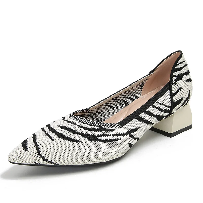 2022 New Women's Shoes Knitted Breathable Square Toe Heel Fashionable Beautiful Princess Shoes Luxury Brand Women Pumps