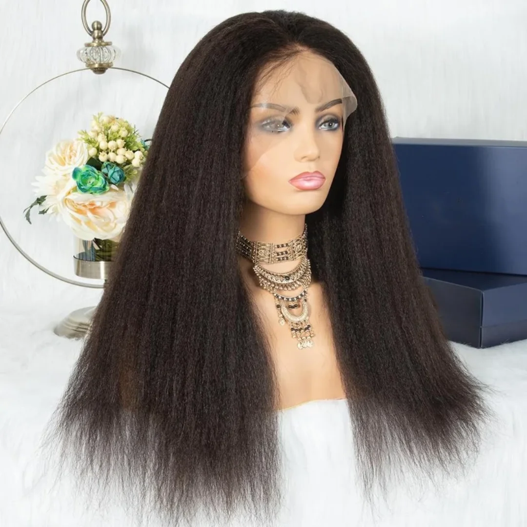 Black 28Inch Long Glueless Kinky Straight Yaki Soft Lace Front Wig For Women With Baby Hair Preplucked Daily