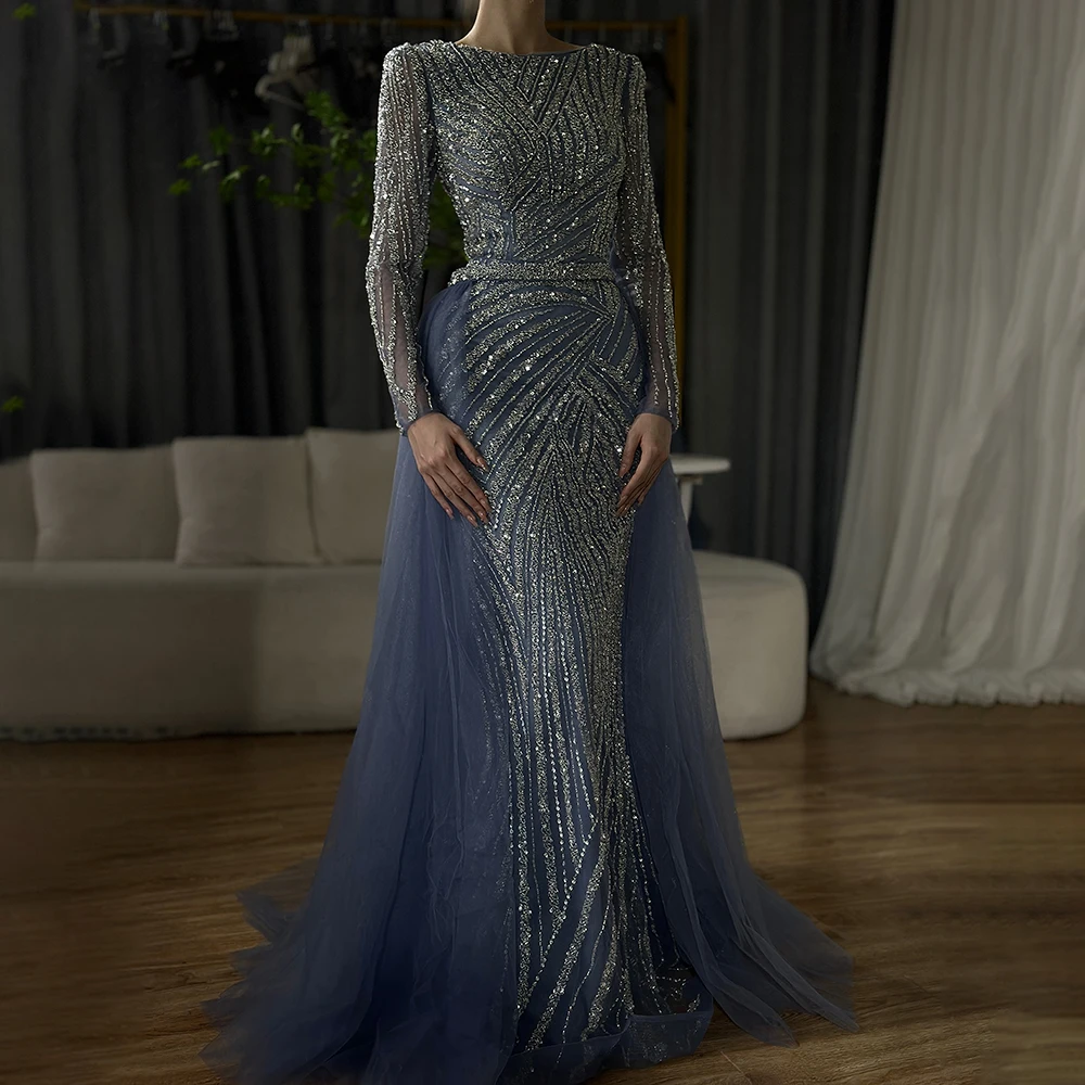 Serene Hill 2025 Mermaid Beaded Blue Muslim Saudi Arabia Evening Dresses Formal Party Gown Detachable Skirt GLA71750A Customized