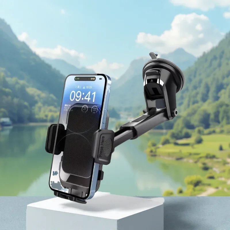 Suction Cup Car Phone Mount Adjustable Extendable Arm Holder One-Button Release for Windshield Dashboard GPS Navigation