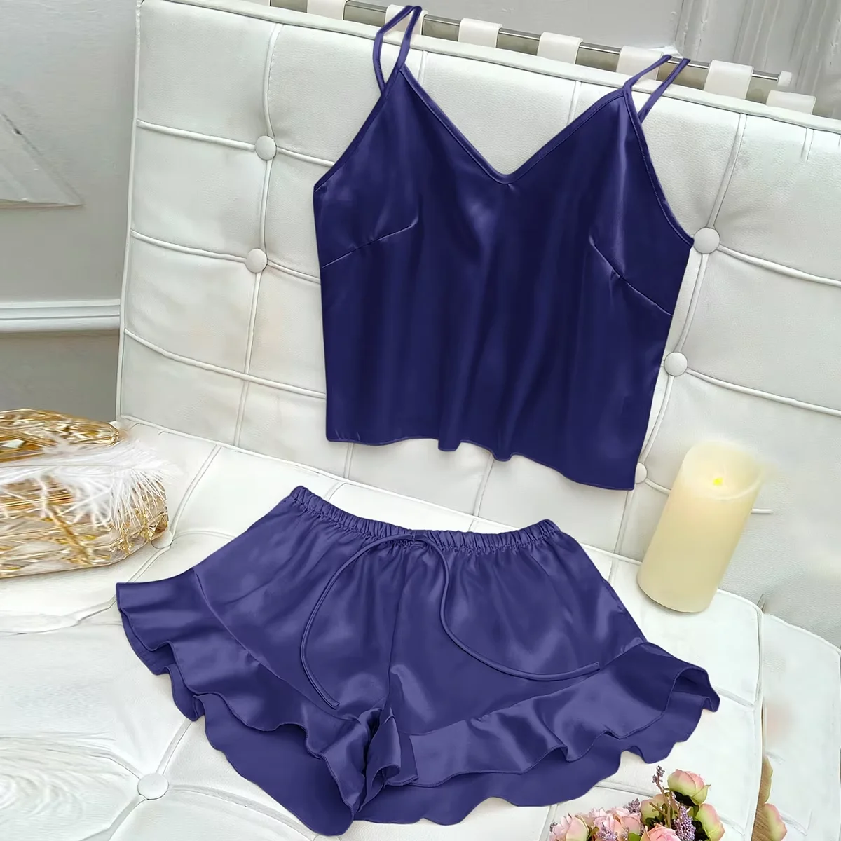 Solides Satin-Pyjama-Set mit V-Ausschnitt, Cami-Oberteil, Rüschen-Shorts, Damen-Nachtwäsche, Loungewear – Detail 12