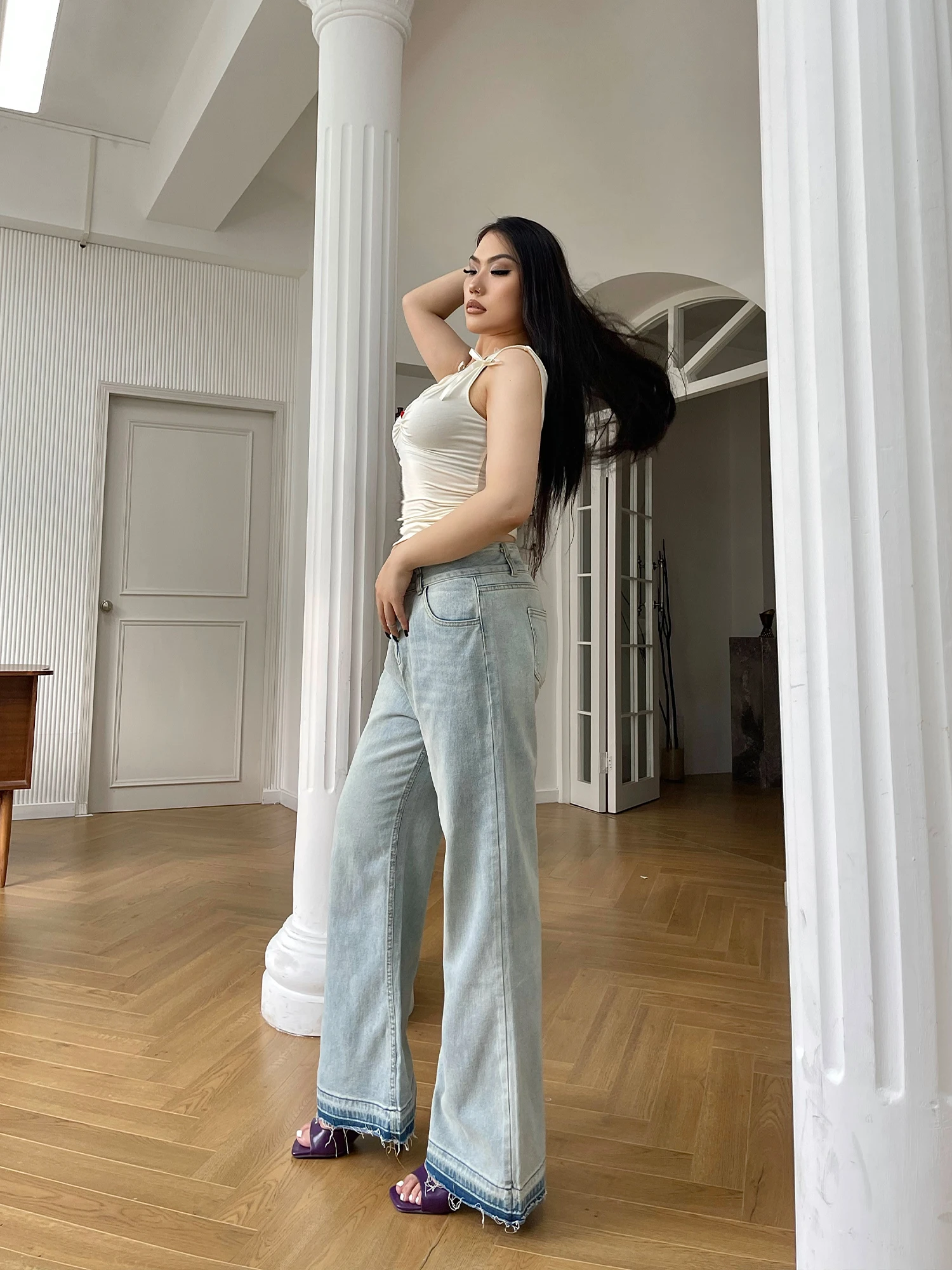 

High Waist Straight Leg Jeans Women plus Size Faded Waed Hemline Wide Leg Floor Length Trousers Casual Slimming Denim