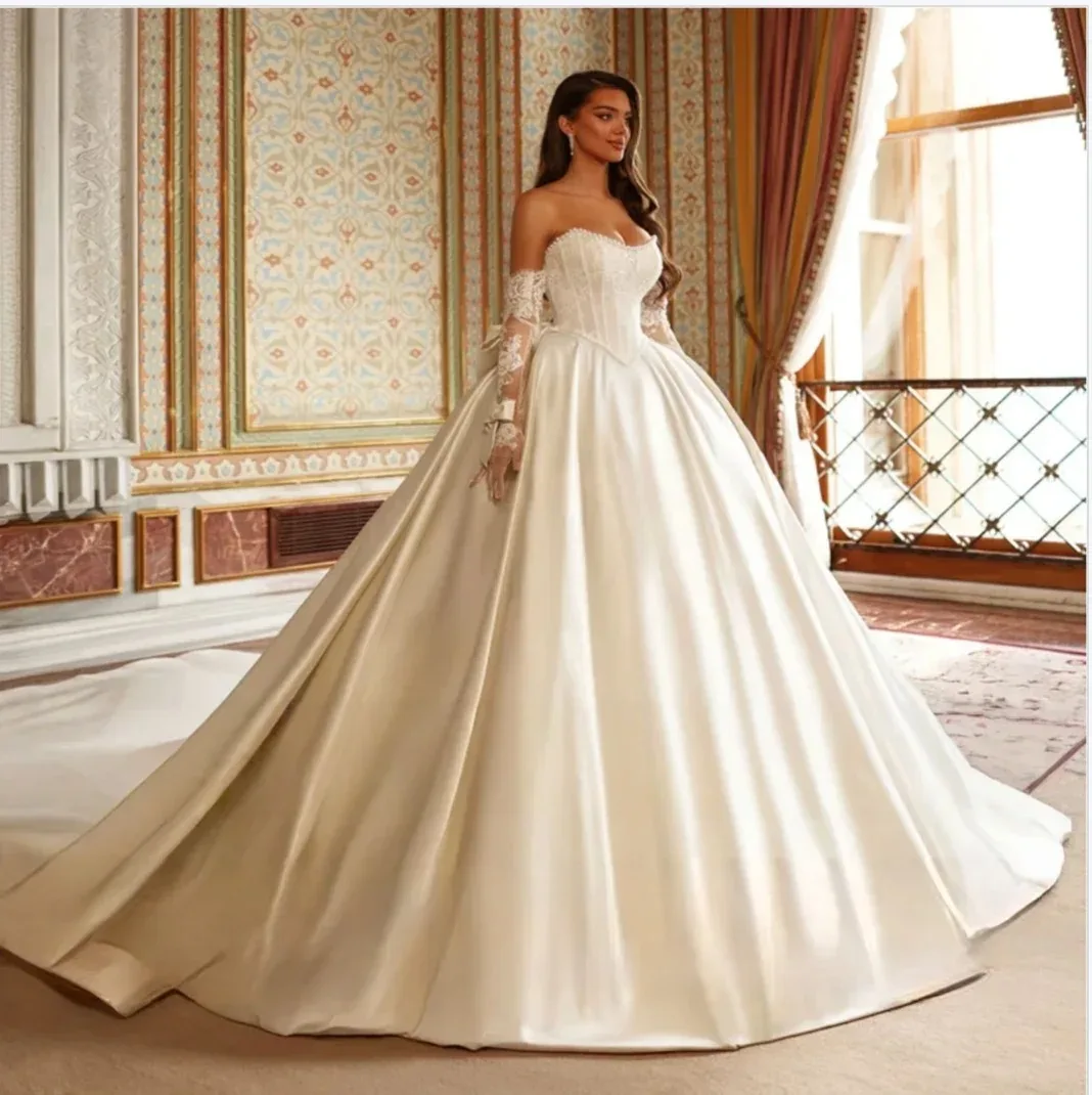 

2026 Exquisite Long Sleeve Ball Gown Wedding Dress Luxury Pearls Beading Satin Vestidos De Novia Princess Bridal Gown Customized