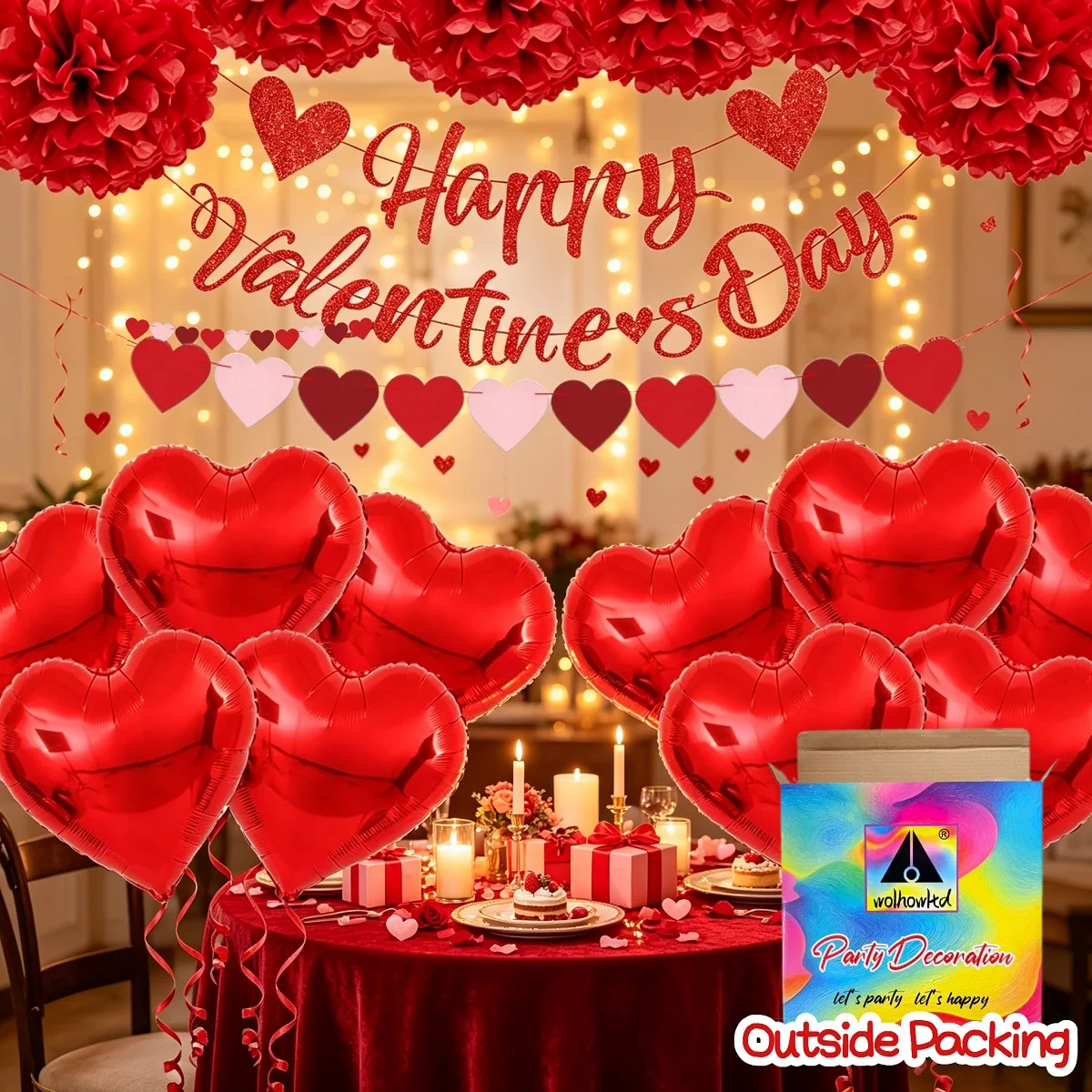 26PCS Valentine’s Day Decoration Kit - Happy Valentine's Day Love Heart Paper Banner, Red Heart Garland, Red Heart Foil Balloons