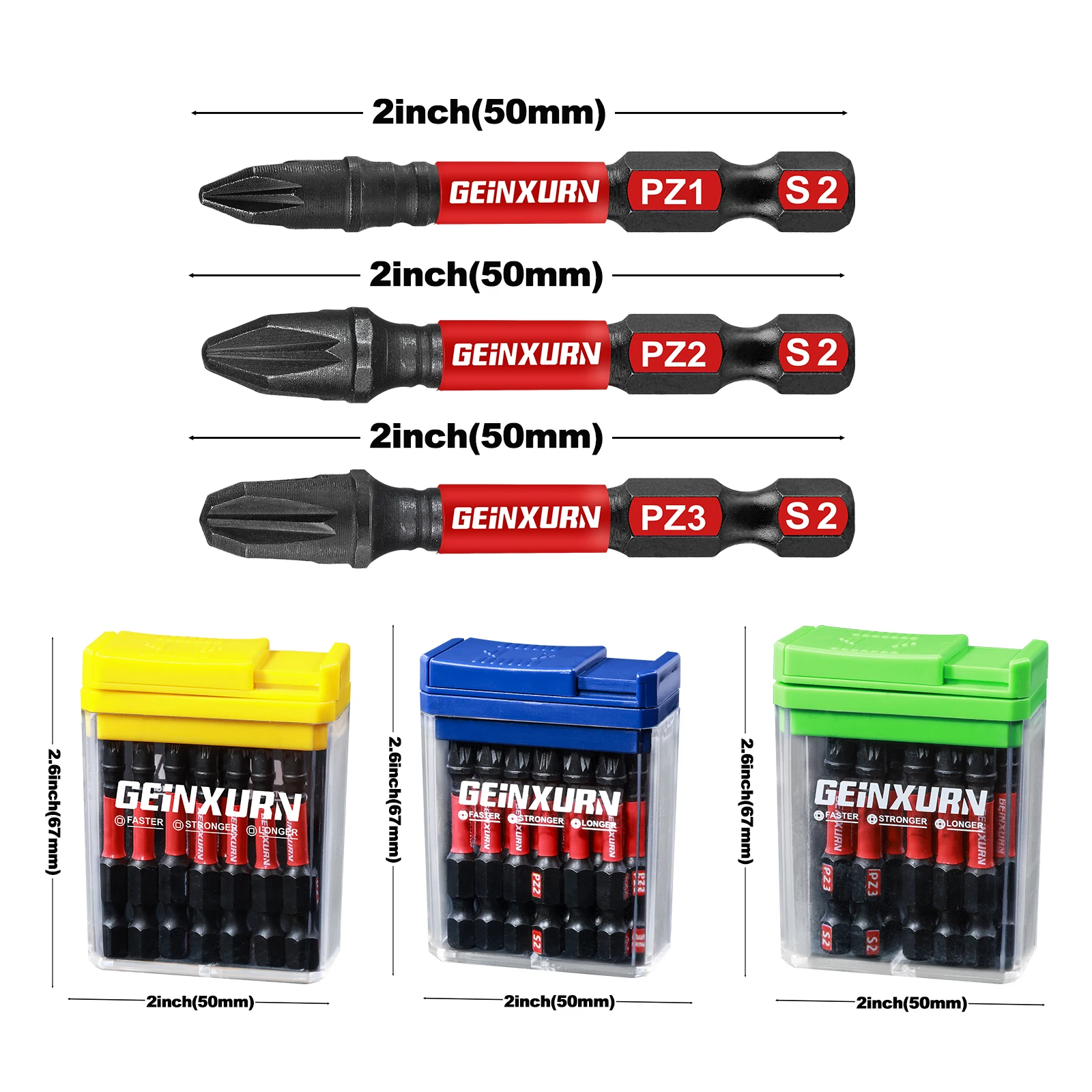 Geinxurn 15 Pcs Impact Phillips Magnetic (PZ1/PZ2/PZ3) S2 Steel Multi Driver Bits with Storage Colorful Box(Yellow,Blue,Green)