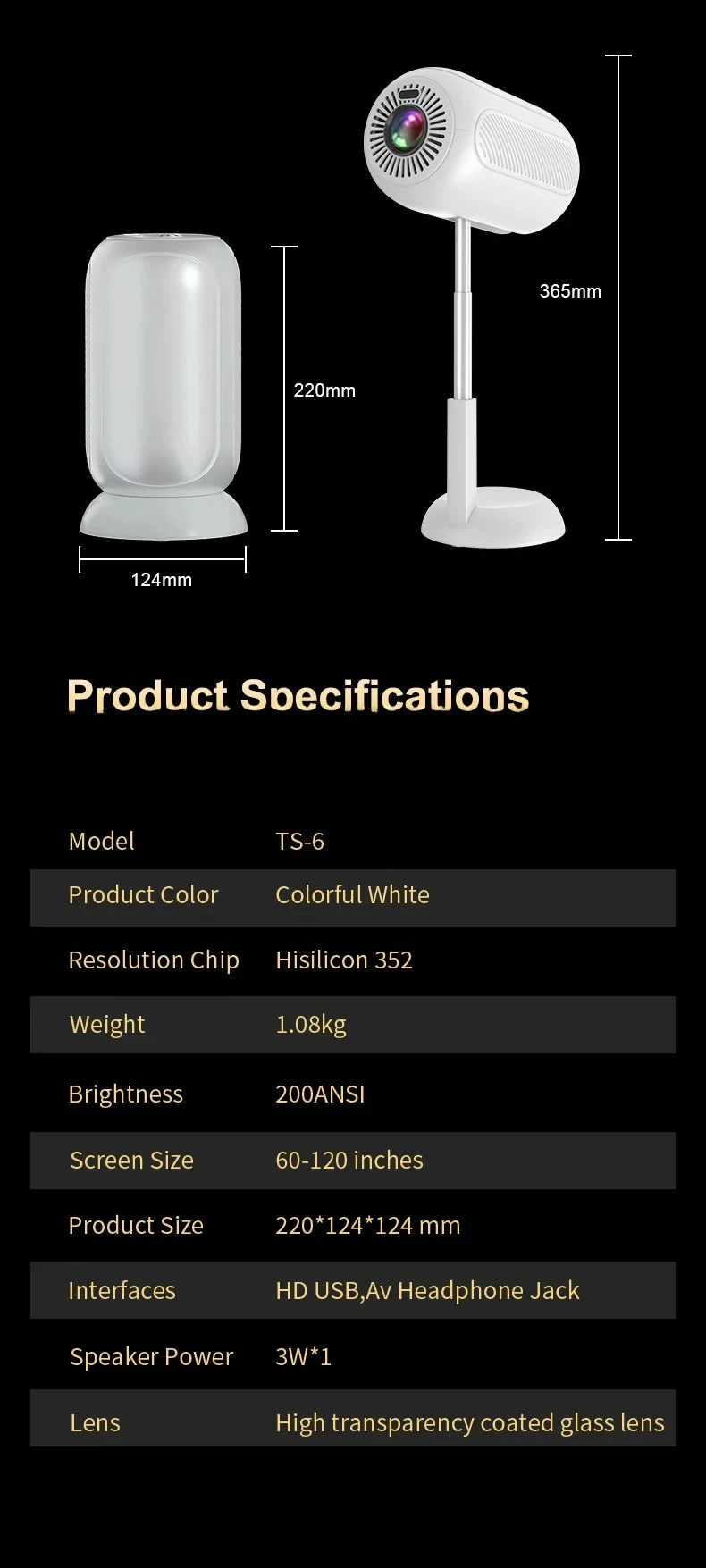 Mini Proyector TS-6 4K Video Projector for Home Theater Gaming Android 13 Built-In Speakers Portable Short Throw Auto Focus Lens