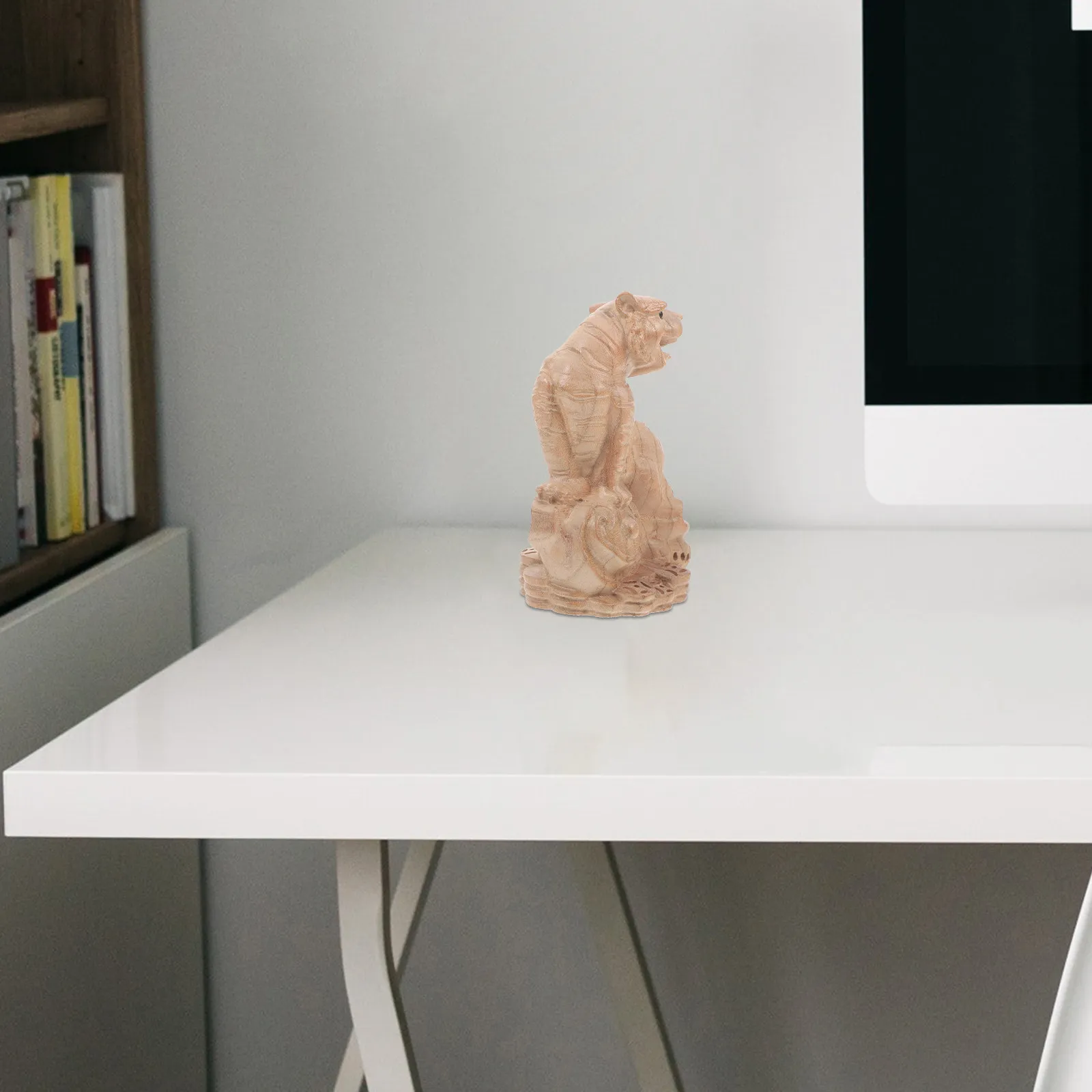 Handcrafted Wooden Tiger Sculpture Zodiac Animal Decor for Desk Shelf Home Office Garden Birthday Anniversary Gift Flat Bottom