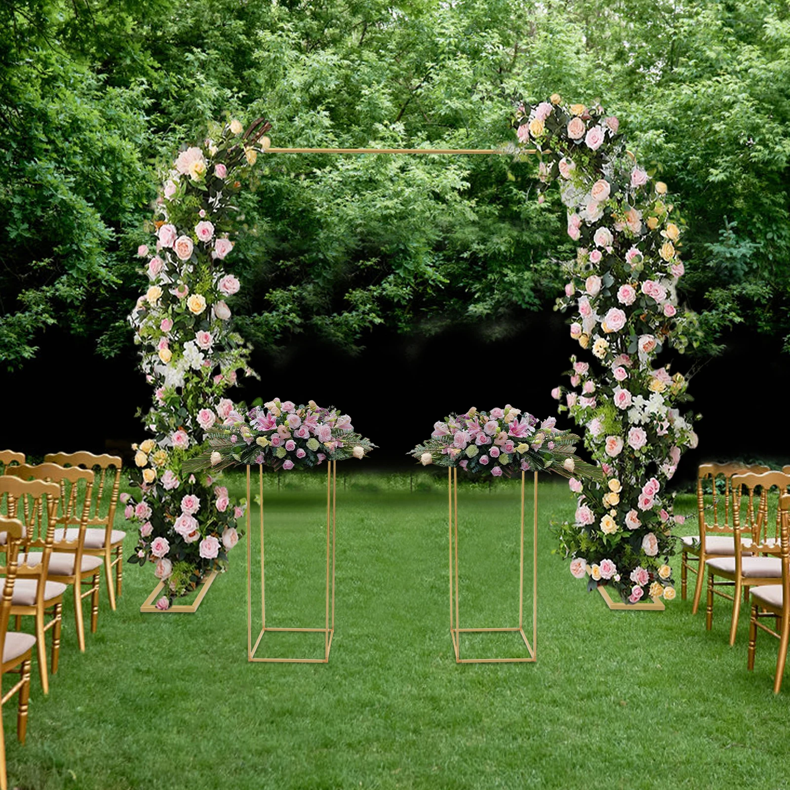 2x2m Balloon Arch Stand with 2 Flower Stands, Metal Wedding Backdrop Stand Set for Party Ceremony Photo Booth Decor (Gold/White)