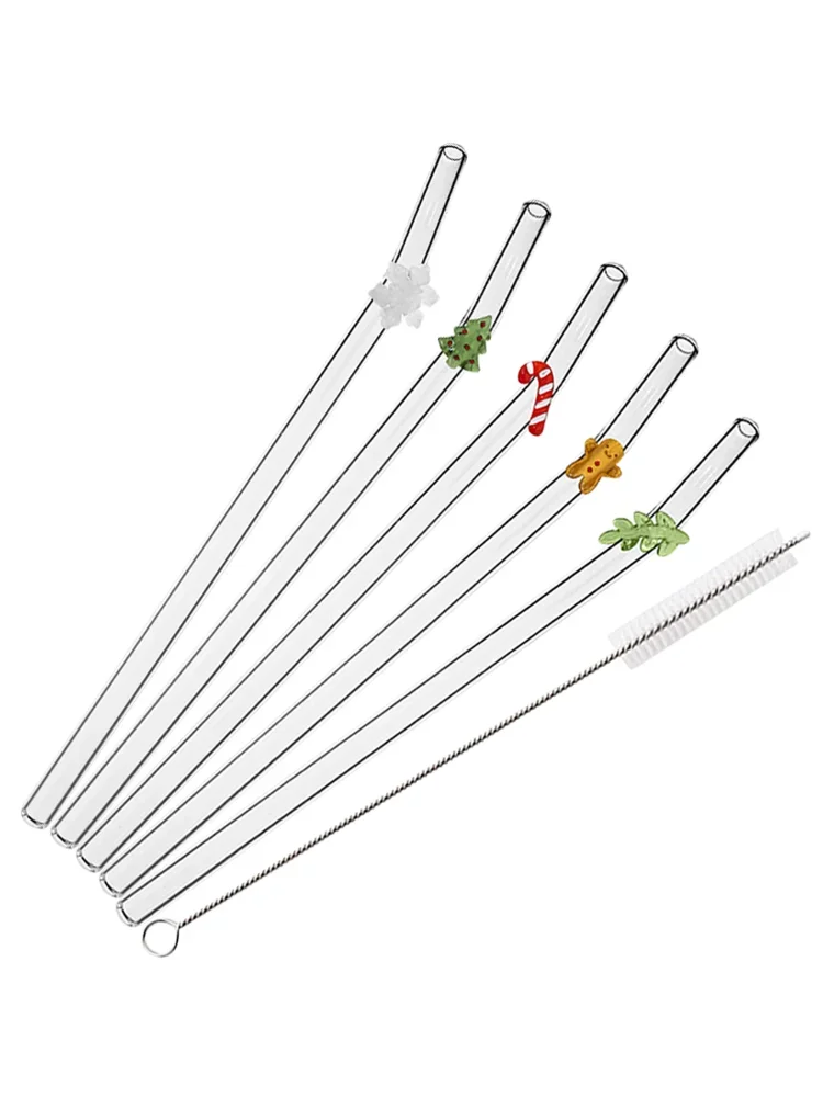 Pailles de noël en verre à haute teneur en Borosilicate, ensemble de pailles à boire réutilisables avec brosse pour Smoothies, accessoires de Bar de jus de thé 6 pièces