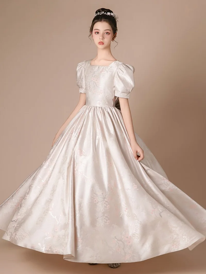 Meisjes prinses mouw vierkante hals peer bloem satijn junior bruidsmeisje jurk bloemenmeisje jurk vakantie jurk concert jurk/aangepast