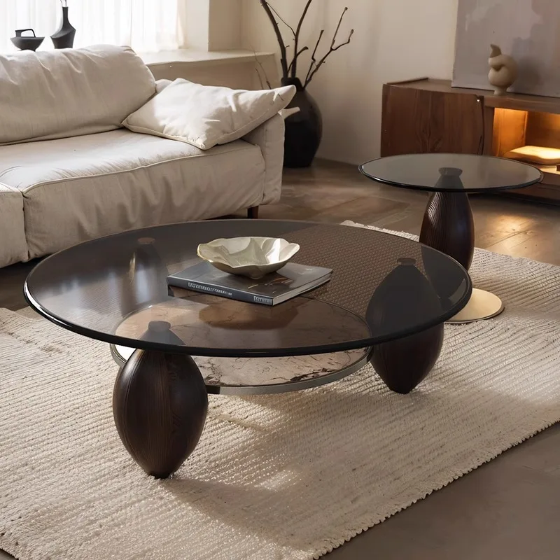 

Household coffee table combination Dark glass coffee table Wabi Sabi wind round child and mother combination
