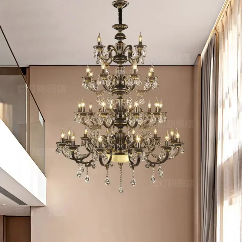 

European-style all-copper four-story candle hotel lobby long chandelier warm duplex staircase dining room