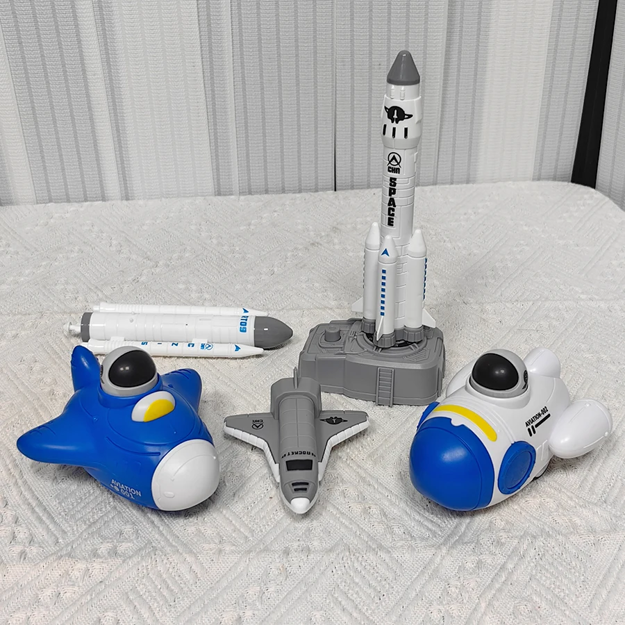 Conjunto de brinquedos da série espacial infantil, capaz de lançar foguetes de aviação, vaivém + vaivém de imprensa, carro de brinquedo de foguete de imprensa