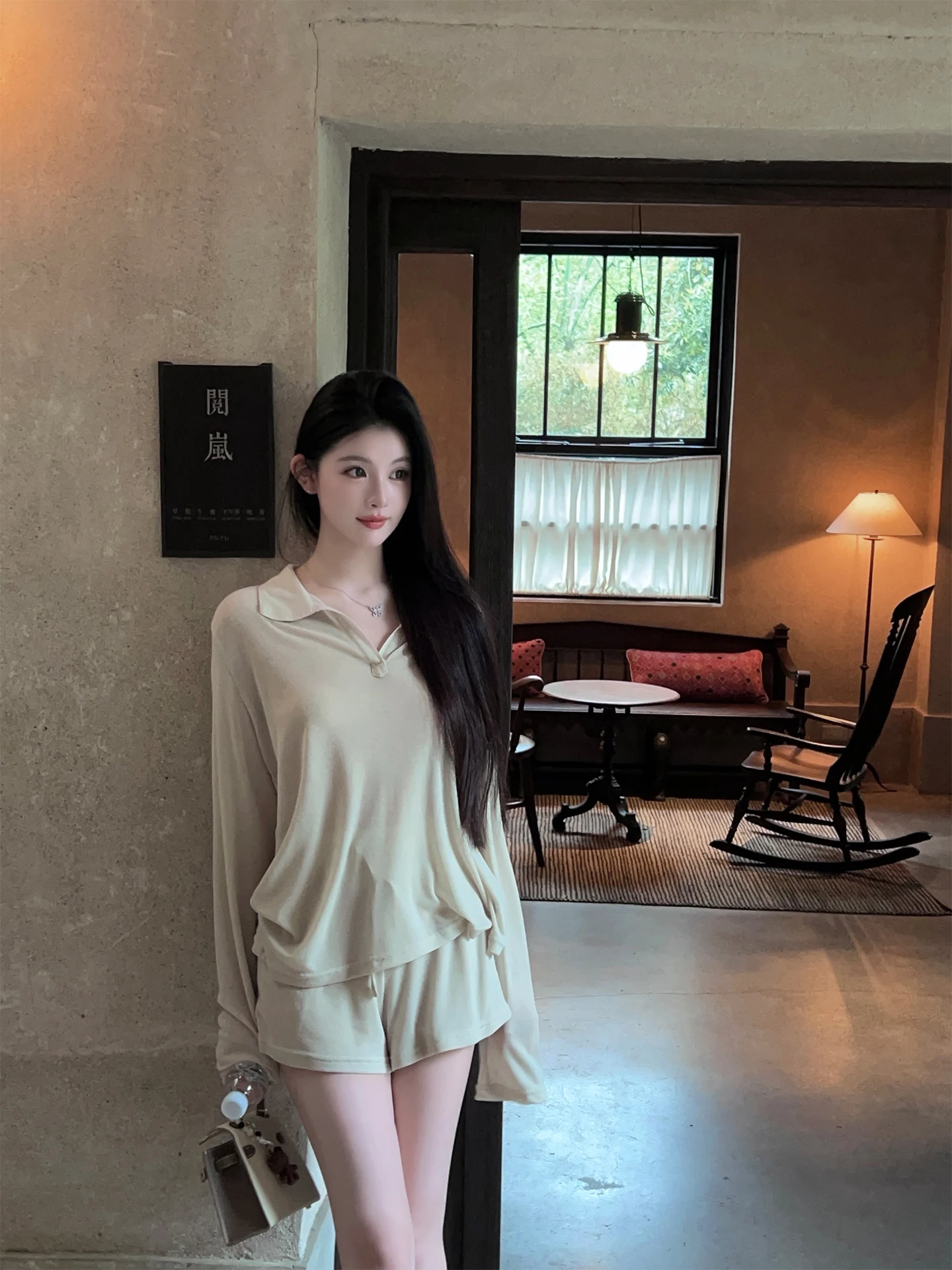 

FairyJiang Summer Casual V-Neck Long Sleeve T-Shirt Set Women's Loose Fit Three-Quarter Shorts Two-Piece Set Breathable Light...