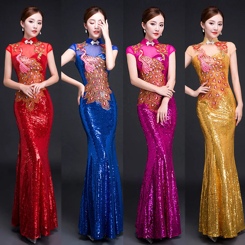 

Evening Banquet Dress Gown Women Luxury Sequins Peacock Qipao Chinese Style Cheongsam Female Sexy Mermaid Wedding Robe Vestidos