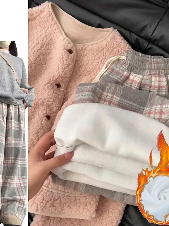 

Женские повседневные брюки в клетку с высокой талией на подкладке, осень-зима 2024, новые утягивающие широкие брюки, розовые корейские ...