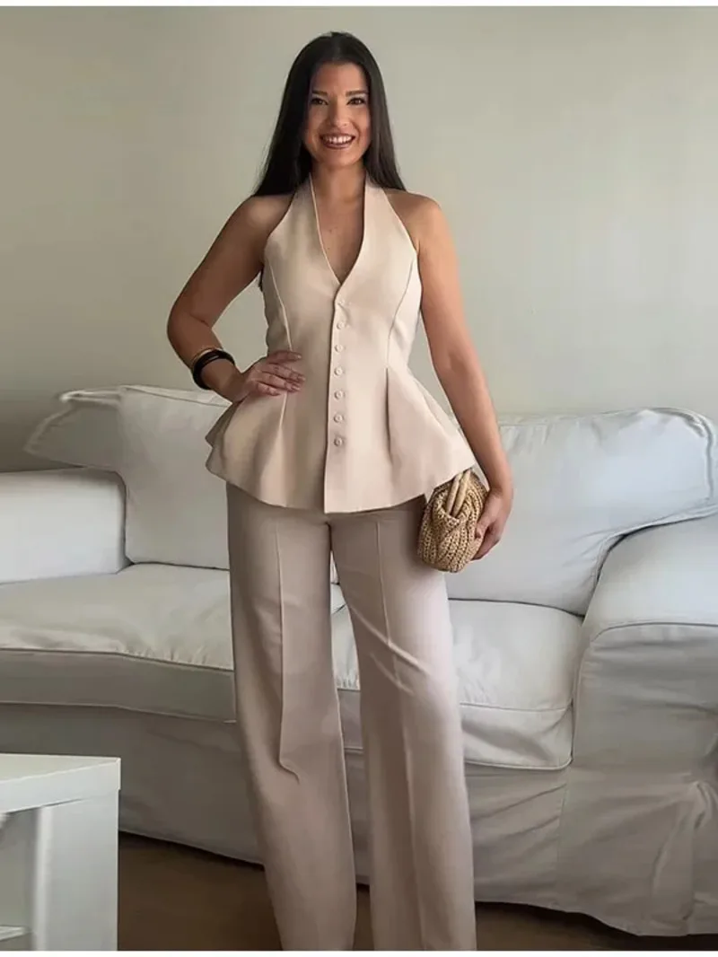 

Elegant Halter Ruched Vest Trousers Suit Women's Solid V-neck Backless Single-breasted Top Wide Leg Pants New Lady Outfits LLZ9