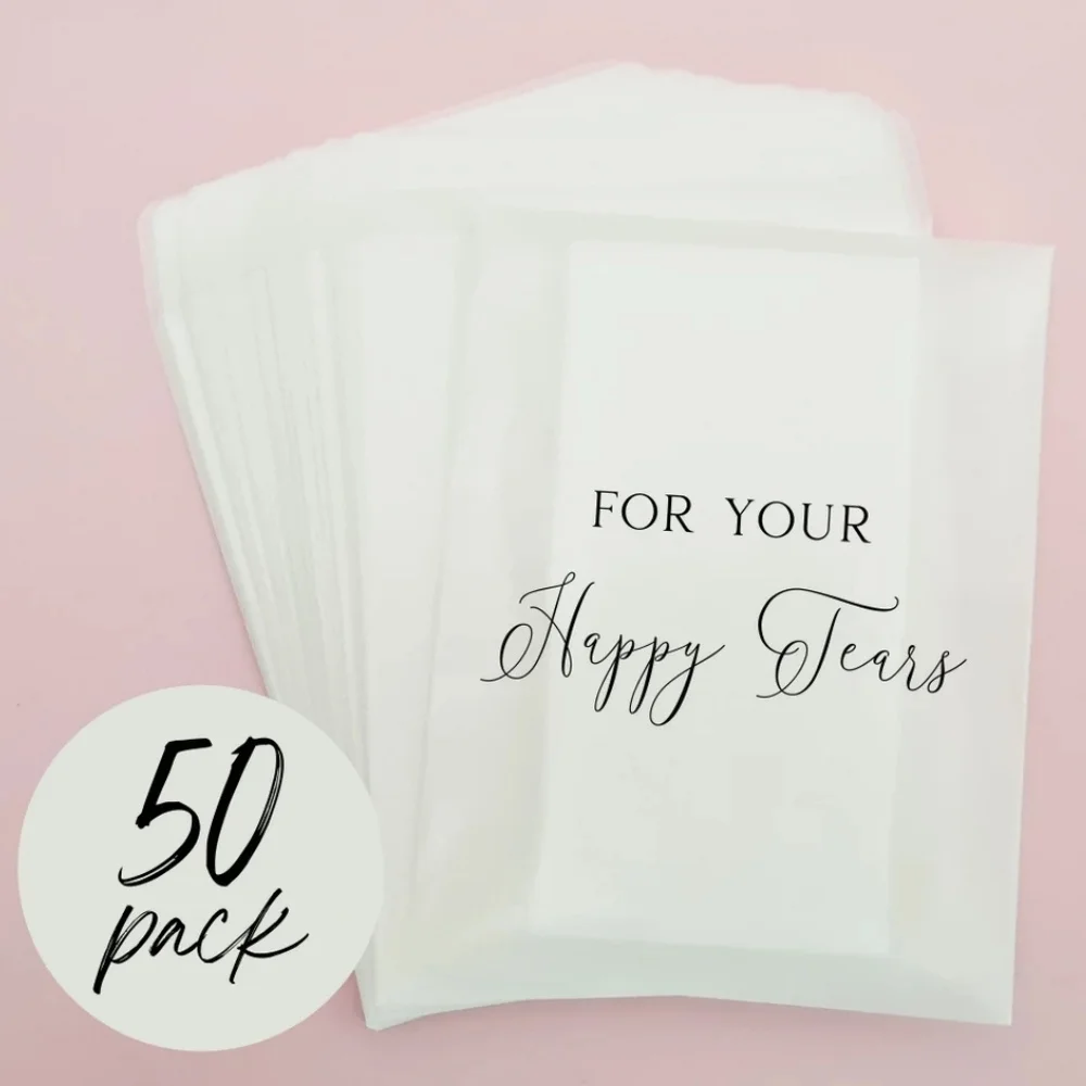 x50 For Your Happy Tears Wedding Tissues Packets 100% Biodegradable Glassine Bags - 50 pack - Wedding Supplies