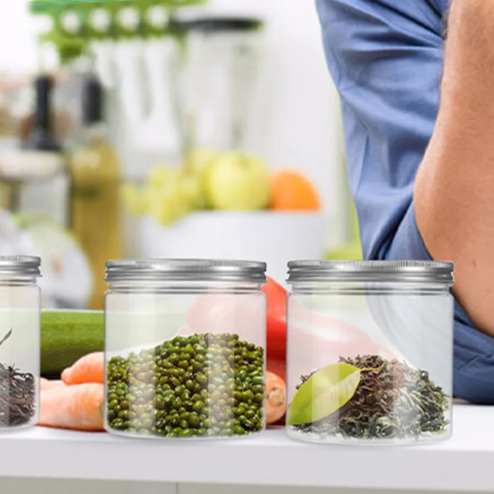 4Pcs Silver Aluminum Lid Clear Plastic Jars Mini Cylinder Containers 250Ml Food Spice Storage Kitchen Household Canisters