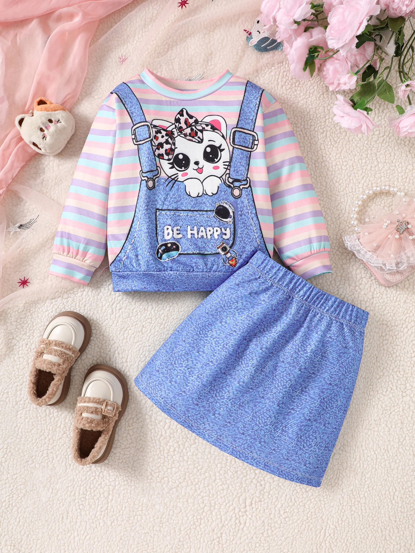 2-Piece Set for Girls: Knitted Crew Neck Sweatshirt Set with Cartoon Cat Digital Print, Skirt Set, Colorful Striped Sweatshirt, Bodycon Skirt