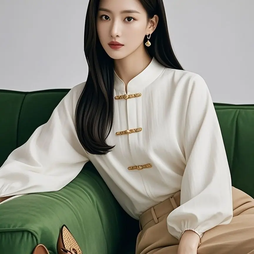 Robe longue décontractée en polyester pour femme, style chinois, printemps-automne, avec boutons, manches lanternes