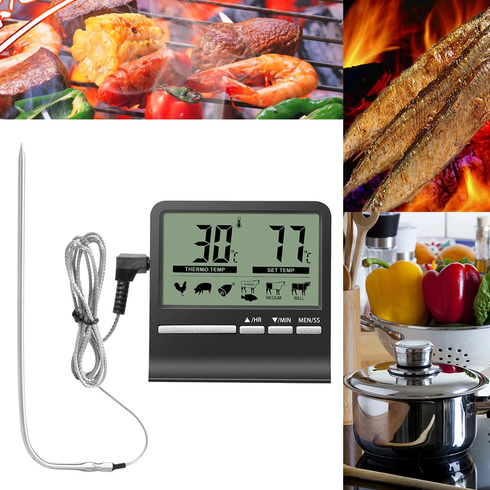 Kitchen Digital Meat Barbecue Food Thermometer Probe Cooking Thermometer for Oven BBQ Grill Timer with Probe Meat Heat Meter