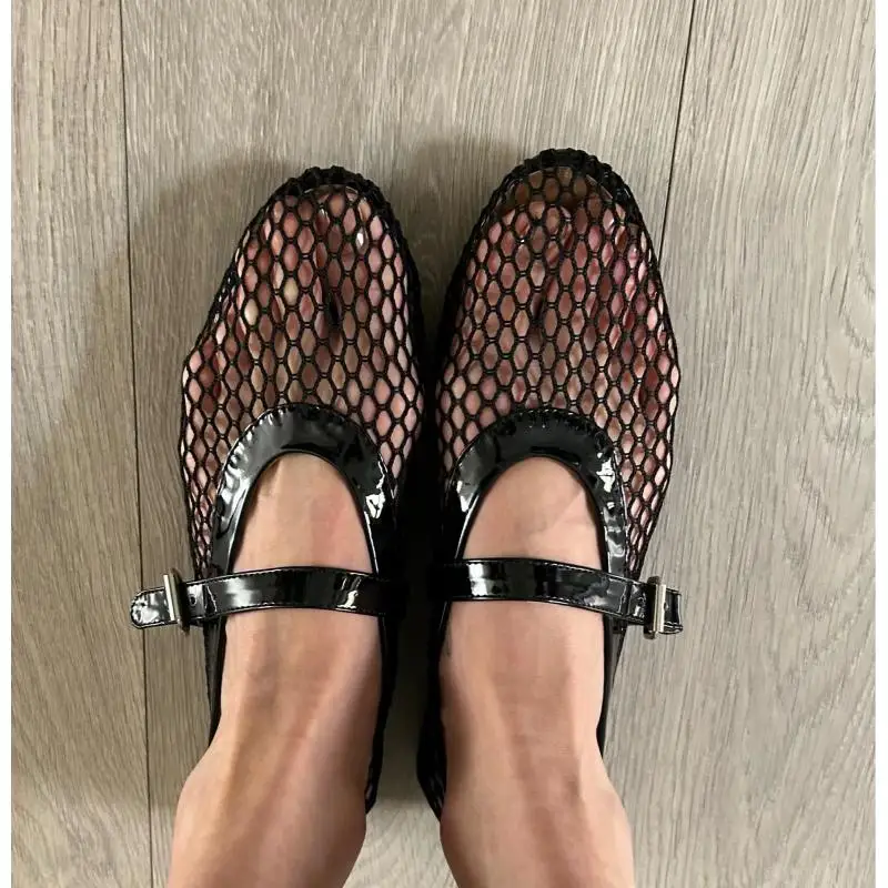 2024 Fashion Luxury Fashion mesh women ballet falts round toe buckle strap pumps