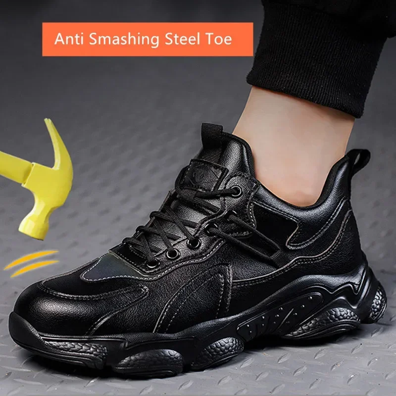 waterproof safety shoes puncture proof black PU leather work shoes anti smash anti stab work safety sneakers women men for work