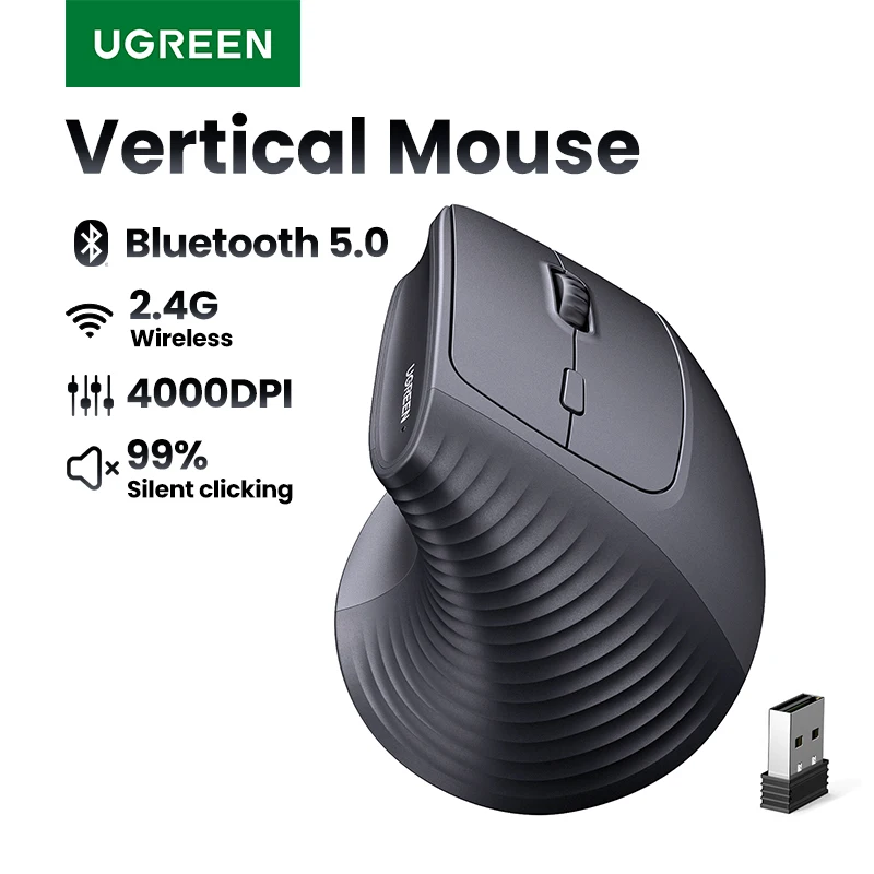 UGREEN Bluetooth 2.4G Vertical Wireless Mouse  Ergonomic 4000DPI 6 Mute Buttons for MacBook Tablet Laptops image 2