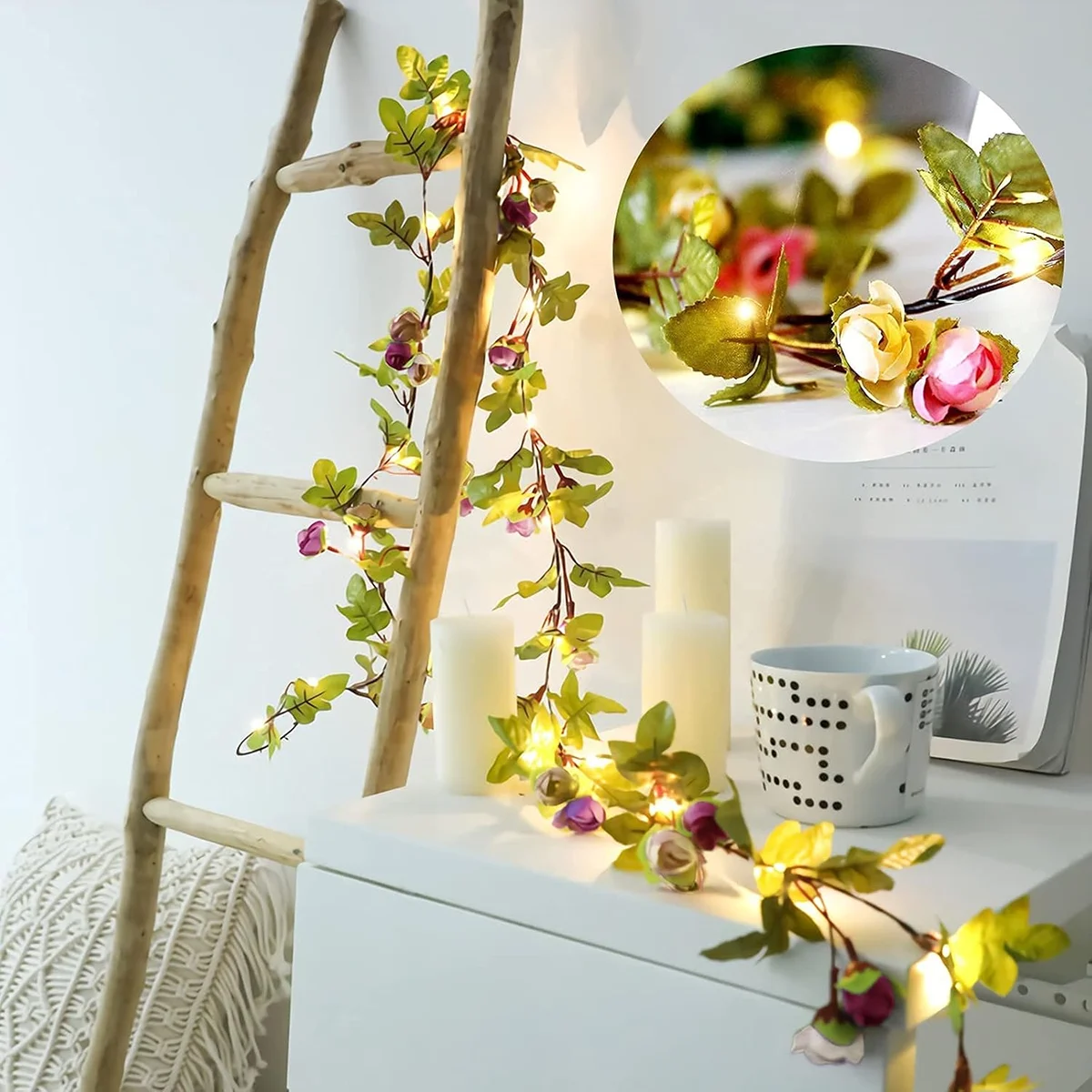 Guirlande lumineuse LED en forme de roses, 2m, 4m, 8m, alimentée par piles, pour jardin, fête, porche, maison, mariage, terrasse, décoration