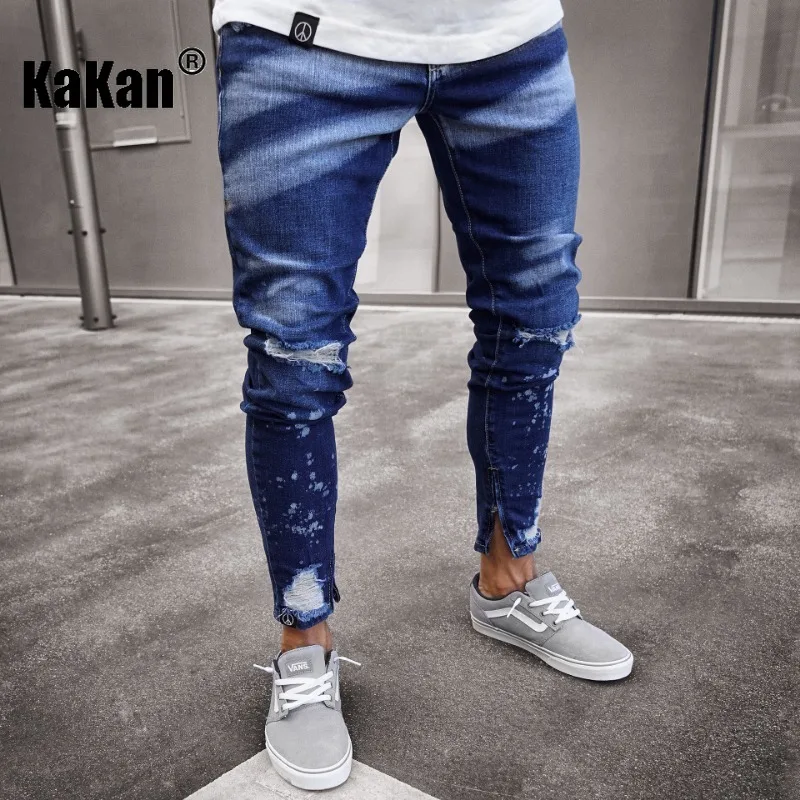 Kakan - Europe and America's New Distressed Paint Jeans for Men, Zippered Personalized Slim Fitting Small Leg Pants K16-820