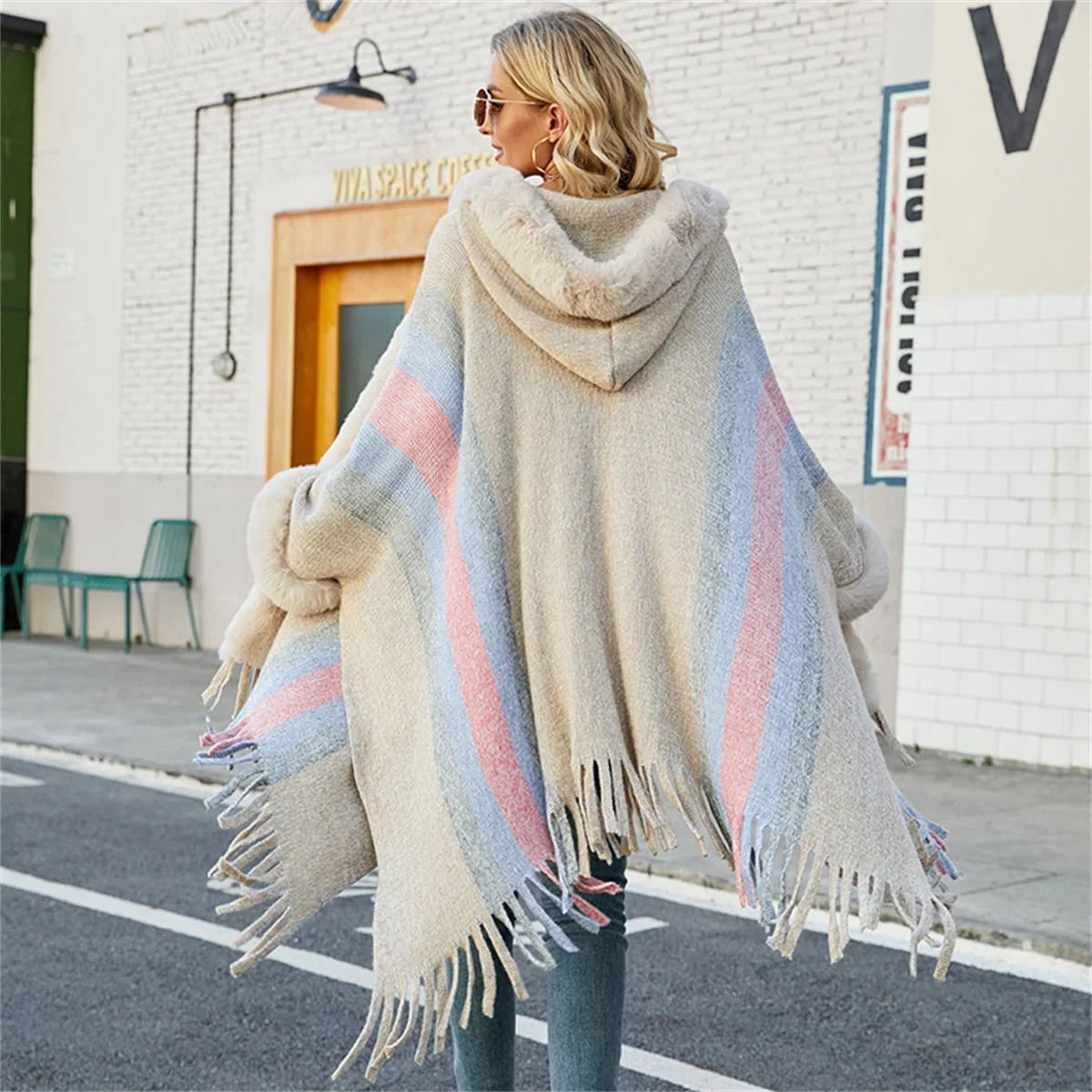 Faux Fur Collar Loose Long Coat With Hat Big Pendulum Capes Women Winter Thick Outwear Batwing Sleeves Striped Tassel Cloak