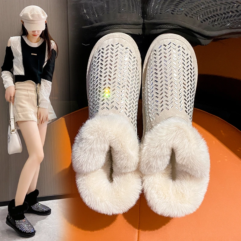 2024 Winter Large Size High Platform Shoes Slip-on  Warm Real Mink Fur Shoes Women Luxury Crystal Hand Stitching Leather