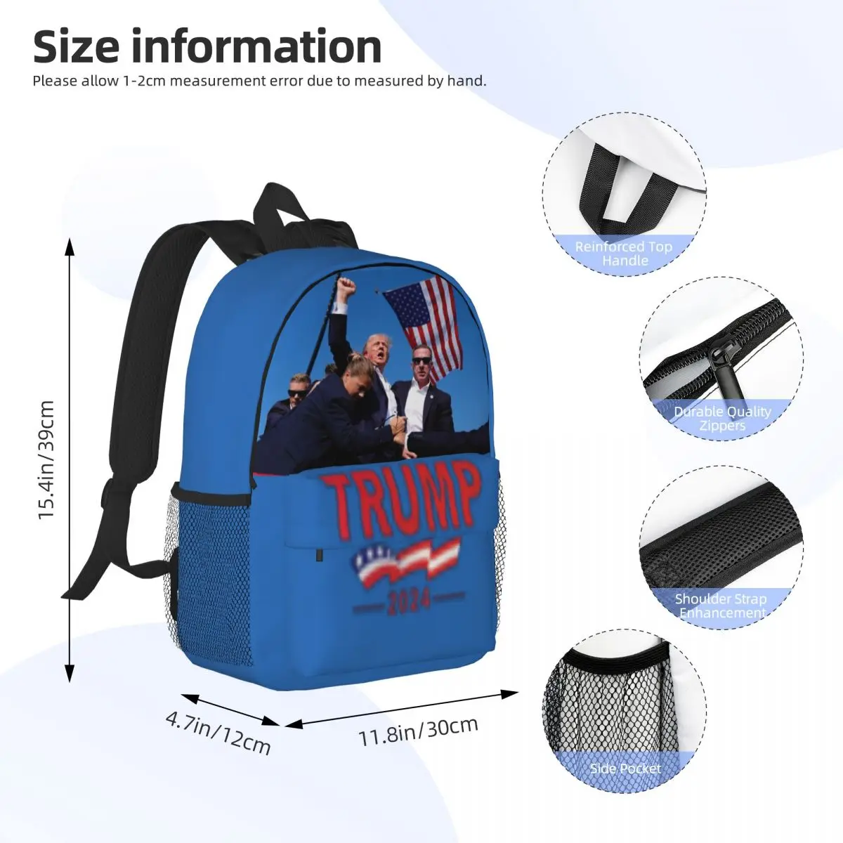 TRUMP-Cartoon School Backpack for Girls, Kids, Boys, Big Capacity Student Backpack, Shooting Makes Me Stronger, 15in, 2024