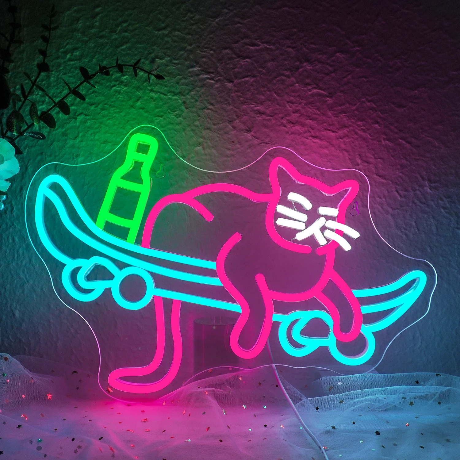 Beer Cat Skateboard Neon Sign For Wall Decor Creative Art Signs Room Decoration For Bedroom Party Bar Club Dimmable LED Lights