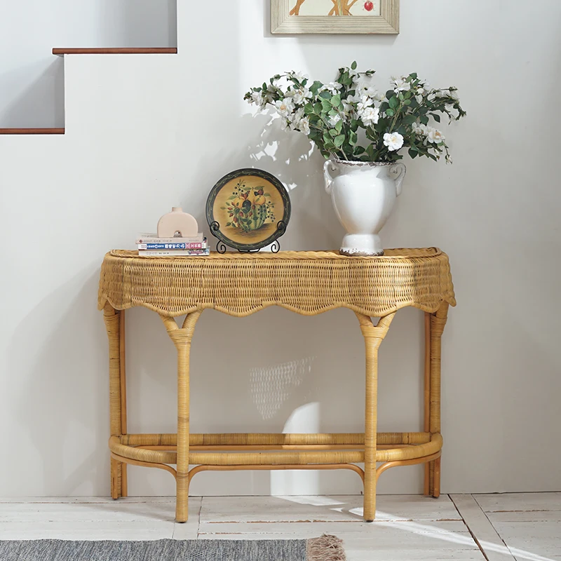 

Minimalist Wabi Sabi Console Table Rattan Modern Entryway Rustic Console Table Vintage Living Room Mueble Salon House Furniture