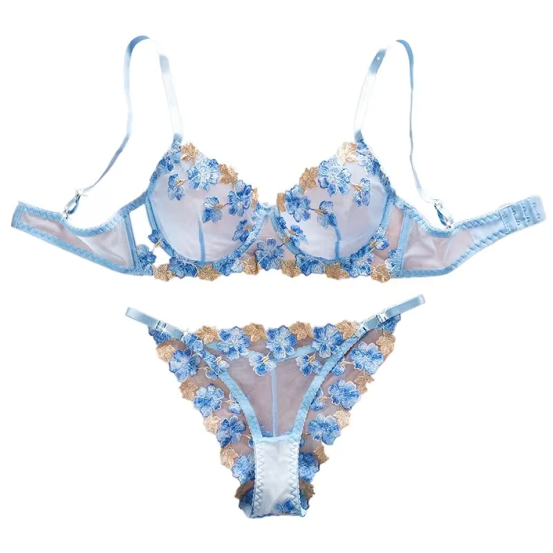 

Erotic French Style Sweet Mesh Embroidery Lace Bra See Through Pure Womens Underwear Apparel Seductive Sexy Lingerie Set