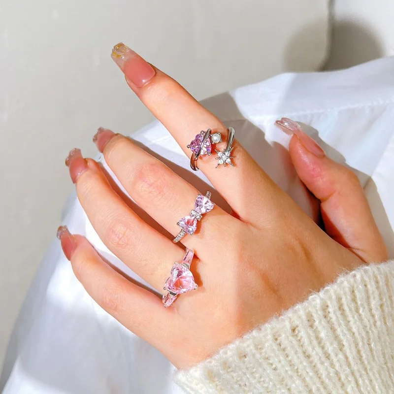 Pink Crystal Heart Bowknot Rings For Women Girls Y2k Kpop Sweet Cool Open Finger Rings Party Fashion Jewelry Gifts 2024 New