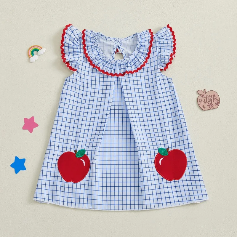 

Suefunskry Kids Baby Girl Summer Dress Fly Sleeve Round Neck Apple Embroidery Plaid A-Line Dress Toddler Casual Dress