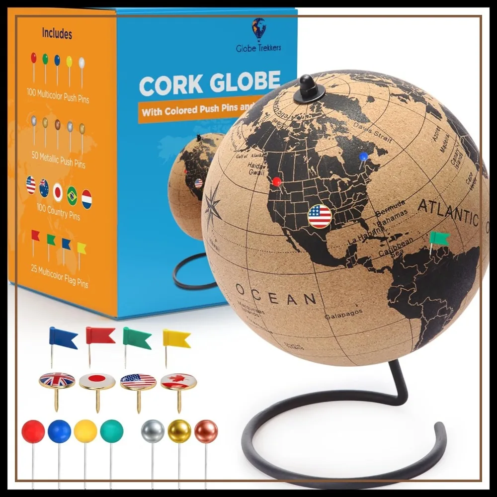 

9.4" Cork Globe with Push Pins, World Map Rotating Stand, 200 Pins for Home Office Travel