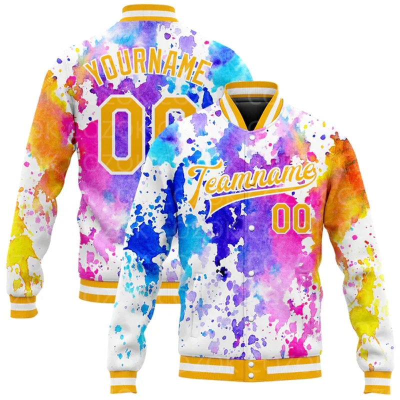 Custom Watercolour 3D Printed Baseball Button Jacket Bomber Full-Snap Varsity Letterman Jacket